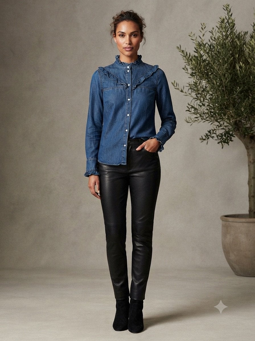 Giovane blouse denim ruffles blouse - maat 34 - nieuw staat, Kleding | Dames, Ophalen of Verzenden, Zo goed als nieuw, Maat 34 (XS) of kleiner