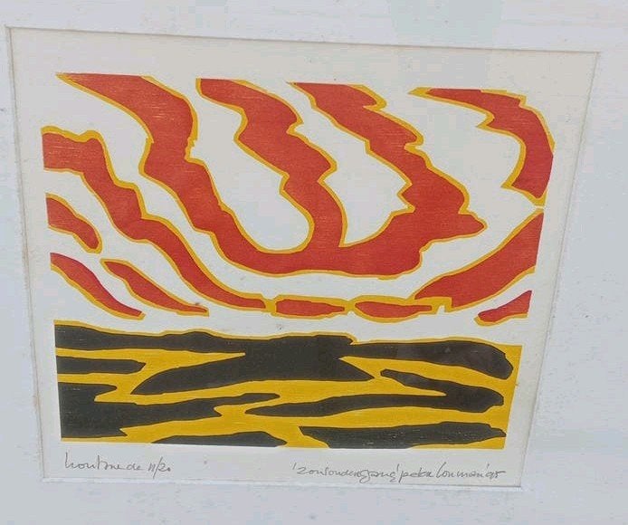 Peter Louman Houtsnede 'Zonsondergang' 1995, Antiek en Kunst, Ophalen of Verzenden