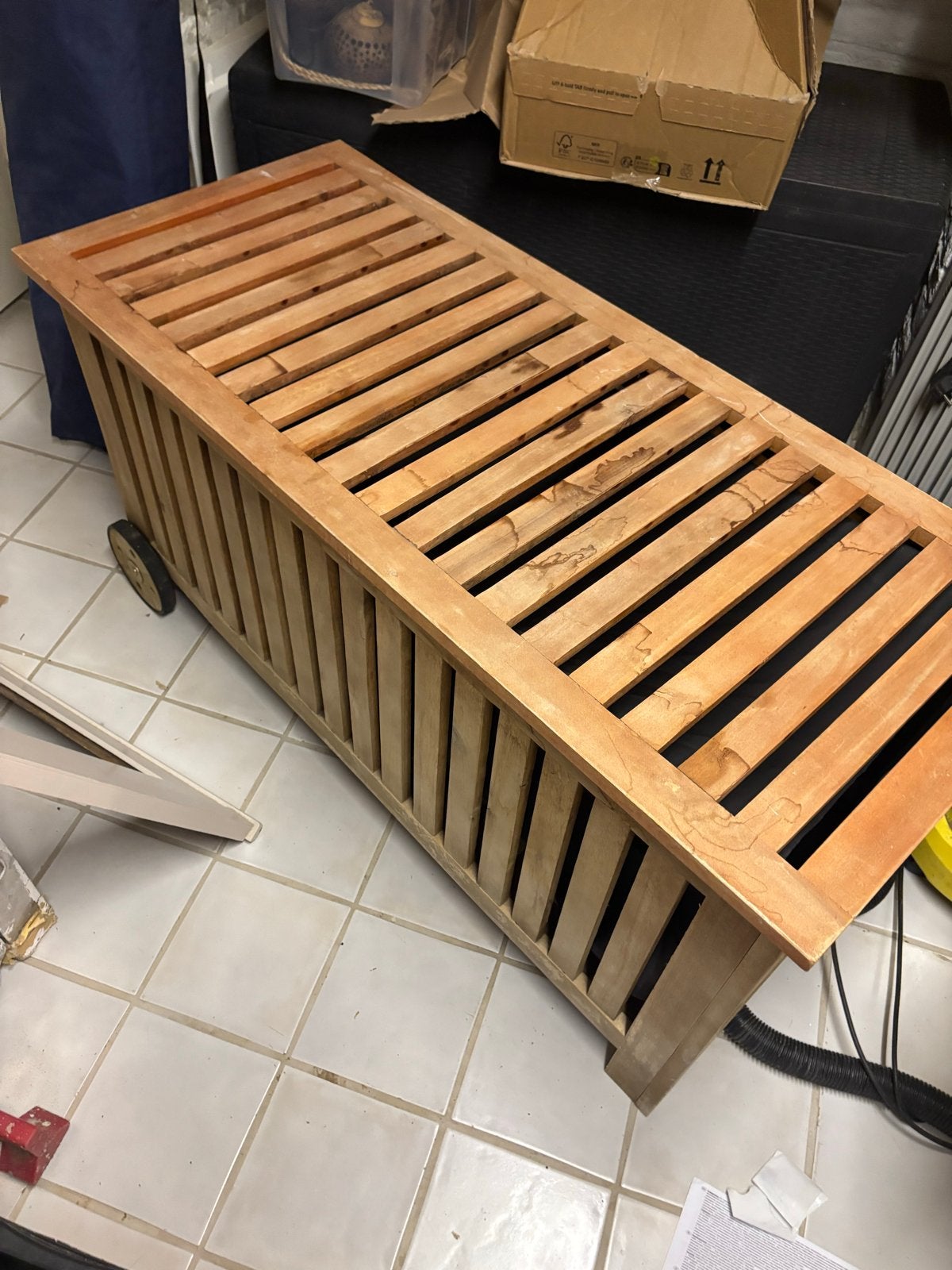 Houten opbergkist met wielen - Hardhout, Tuin en Terras, Ophalen, Gebruikt, Overige typen, Hardhout