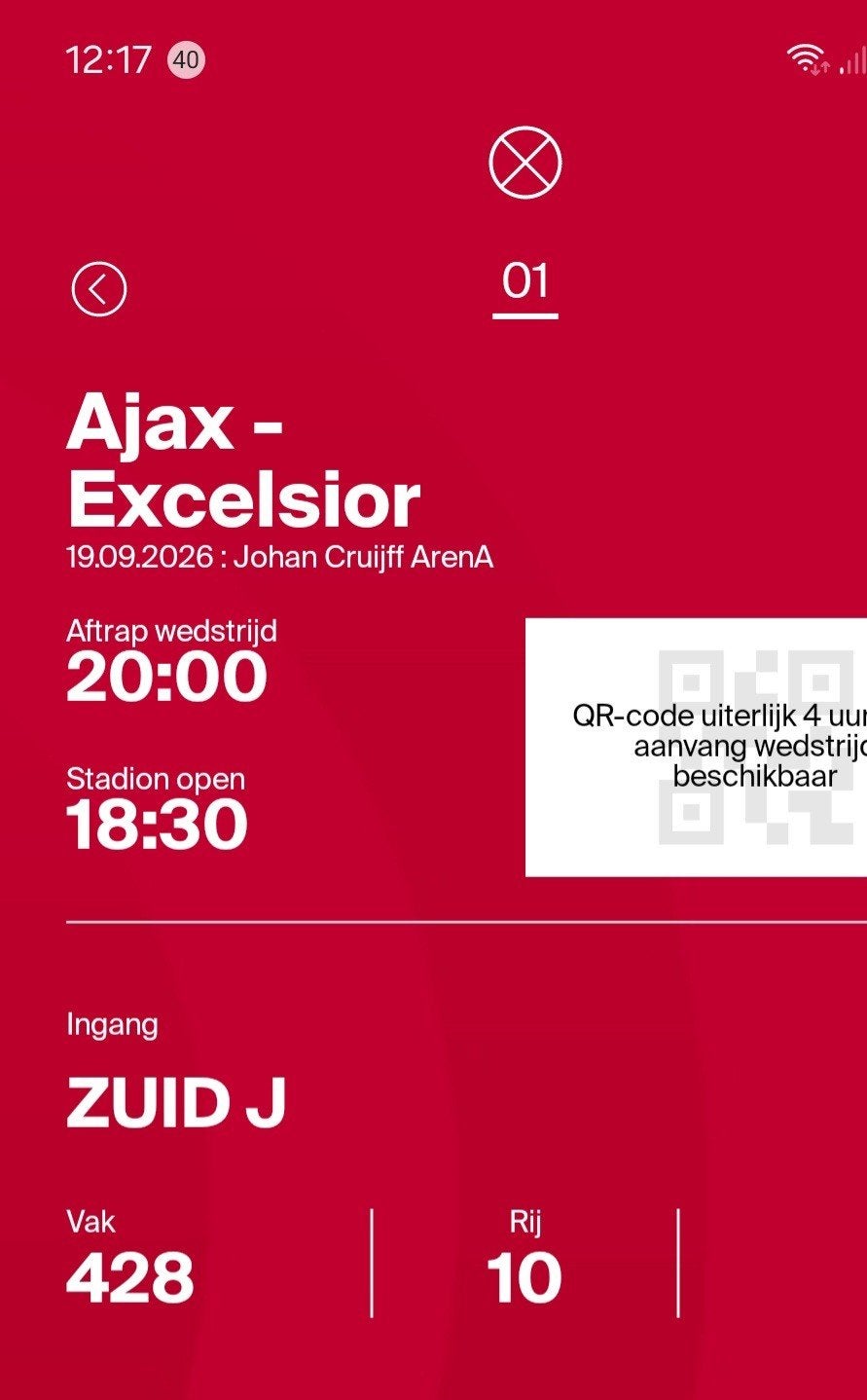 Ajax-Excelsior prachtplek vak 428 rij 10 vanaf 35 eur, Seizoenskaart, Eén persoon, September