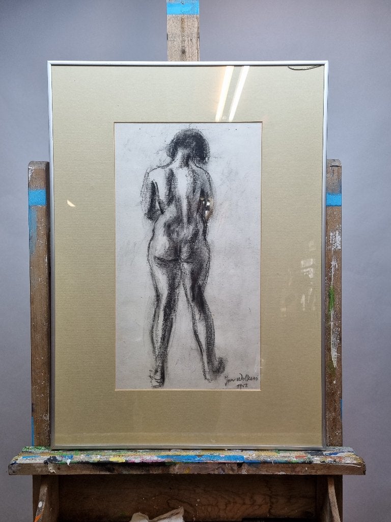 Jan Wolkers Houtskool tekening jaren '50 Naakt, Ophalen, Passe-partout, Overige technieken, Overig onderwerp