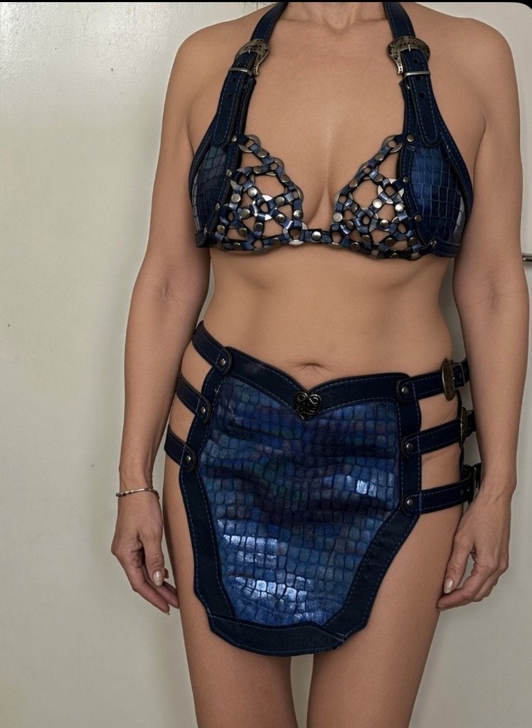 Kinky leren handgemaakte rok en BH, The Gladiator, Ophalen of Verzenden, Blauw, Setje