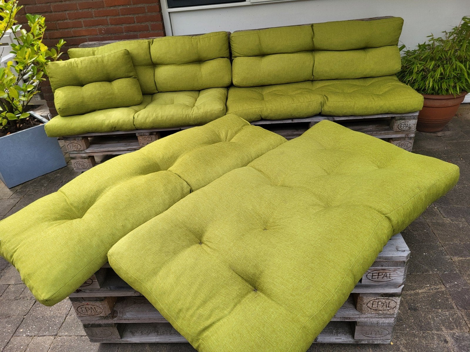 TE KOOP PALLETSKUSSENS APPELGROEN, Tuin en Terras, Tuinmeubel-accessoires, Ophalen, Gebruikt