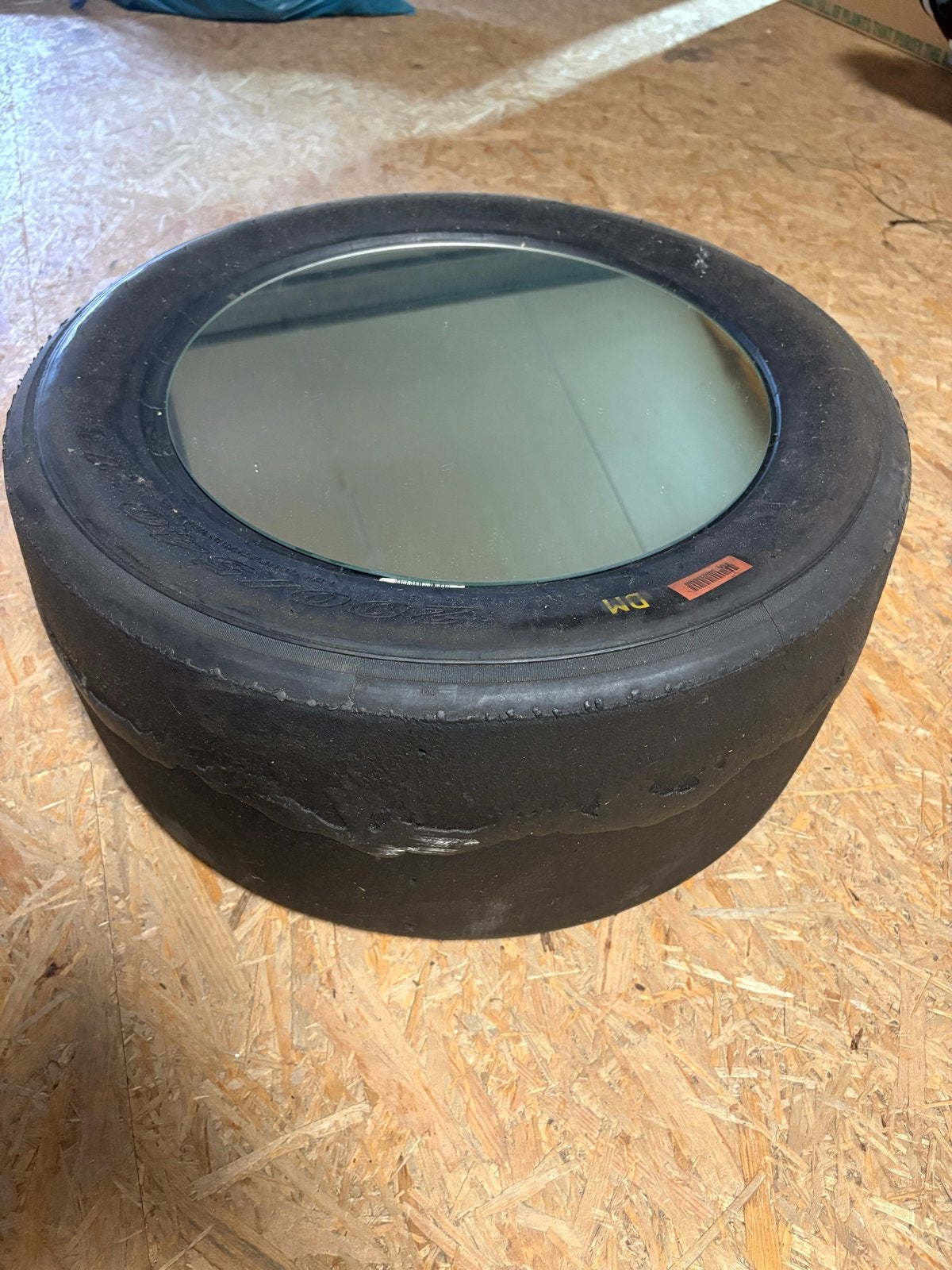 Raceband salontafel Pirelli F1 stijl, Gebruikt, 100 tot 150 cm, Rond, Glas
