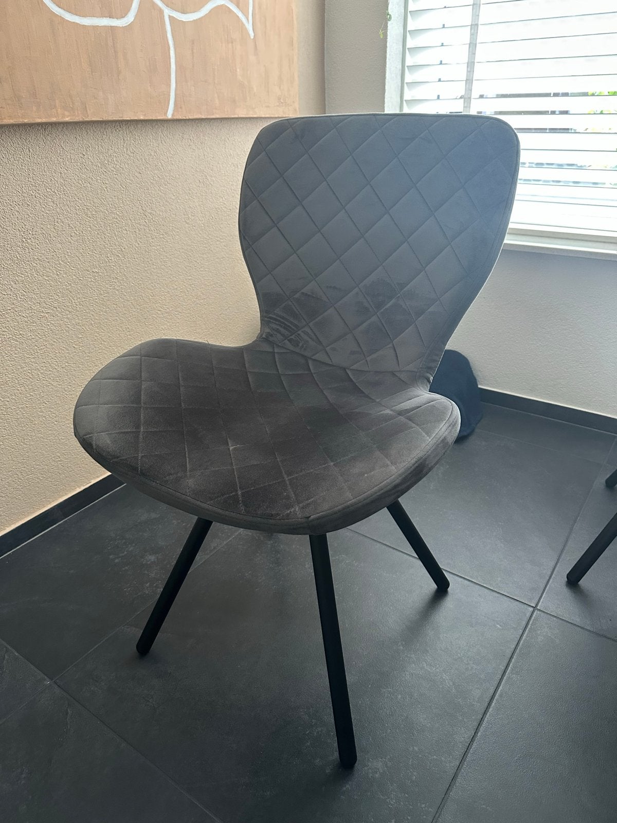 4 Stijlvolle grijze eetkamerstoel met ruitpatroon, Huis en Inrichting, Stoelen, Ophalen, Zo goed als nieuw, Vier, Stof