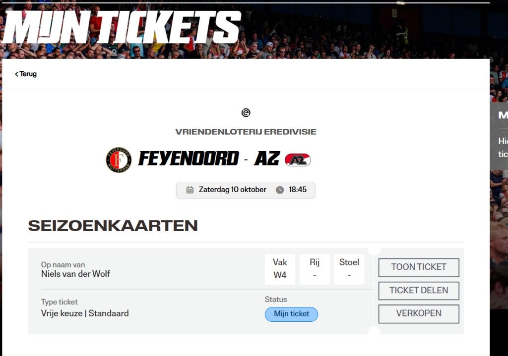 Feyenoord - AZ / 10 okt / W4 / max 3 tickets, Tickets en Kaartjes, Losse kaart, Drie personen of meer, Oktober
