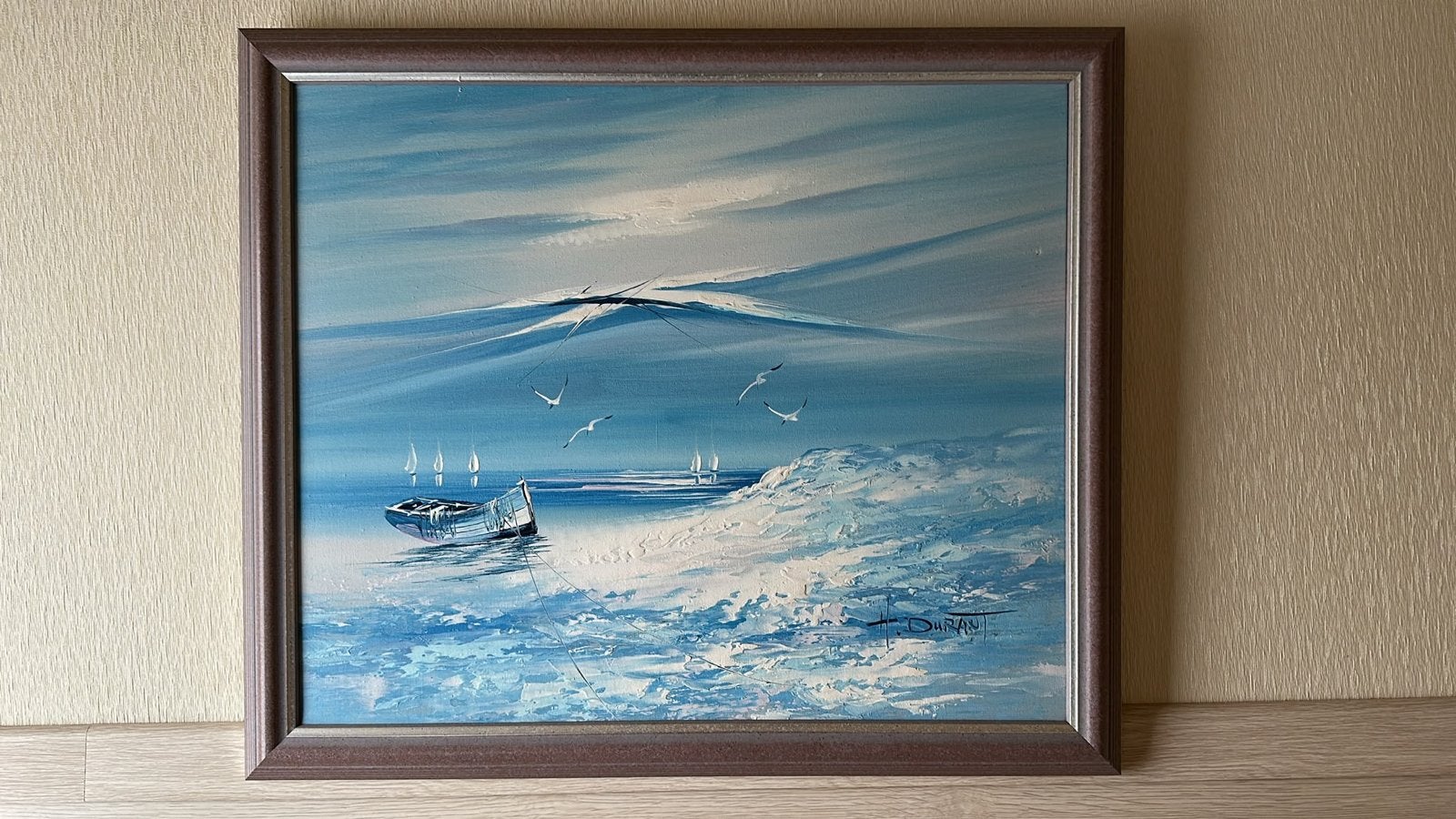 Maritiem olieverfschilderij met boot en meeuwen, Ophalen, Maritiem / water, Doek, Realistisch