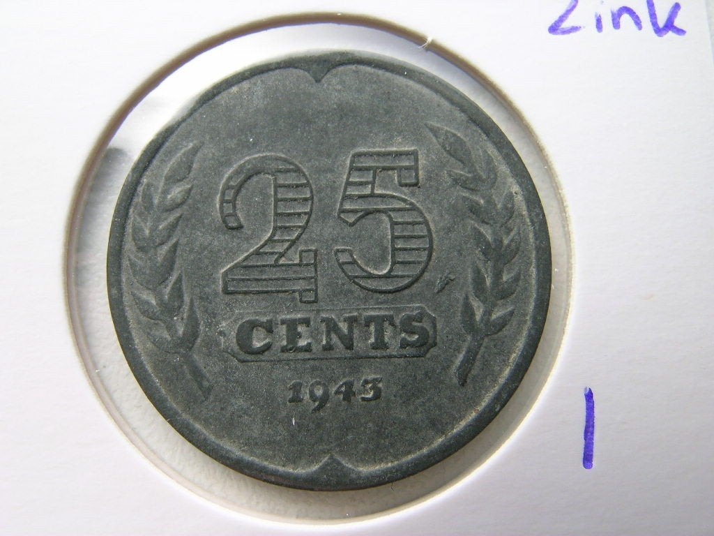 Kwartje 1943 zink (nr 1), Ophalen of Verzenden, Koningin Wilhelmina, 25 cent, Losse munt