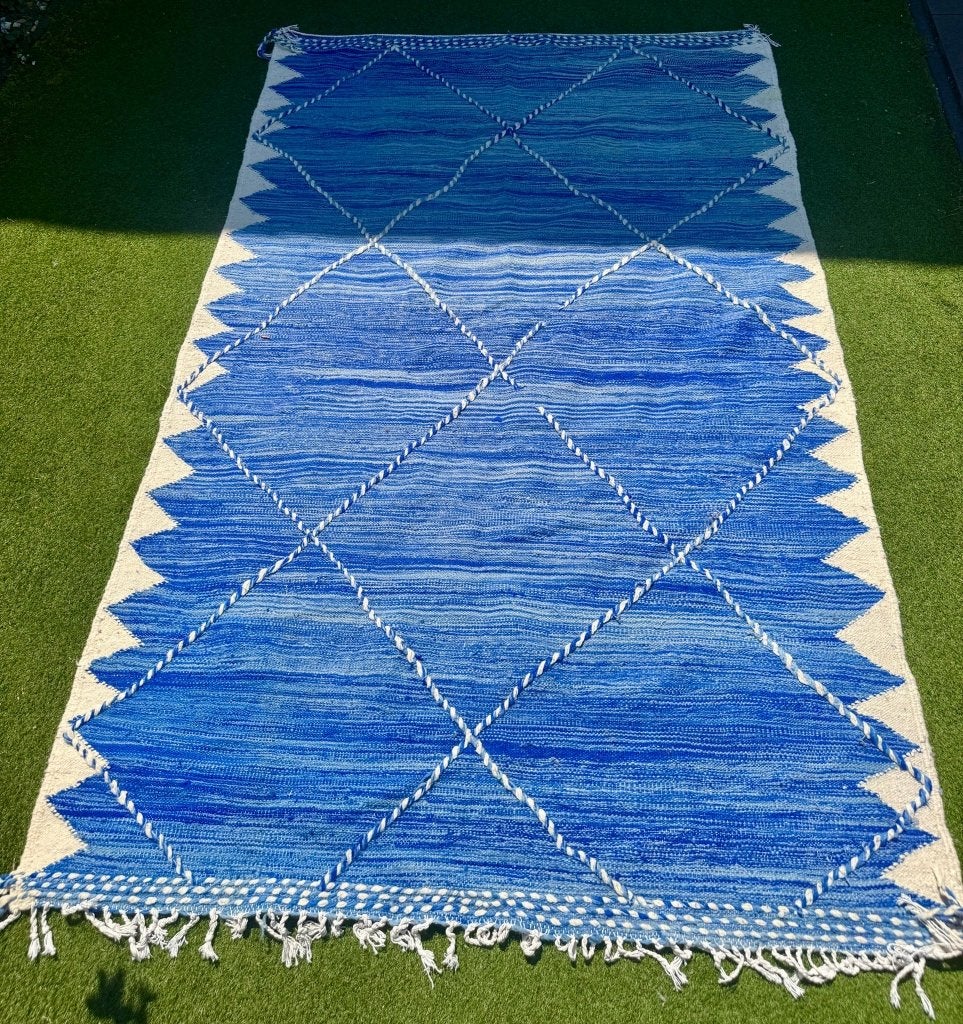 Marokkaanse handgemaakte Azilal-kelim, zuivere wol, Blauw, 150 tot 200 cm, 200 cm of meer, Ophalen of Verzenden