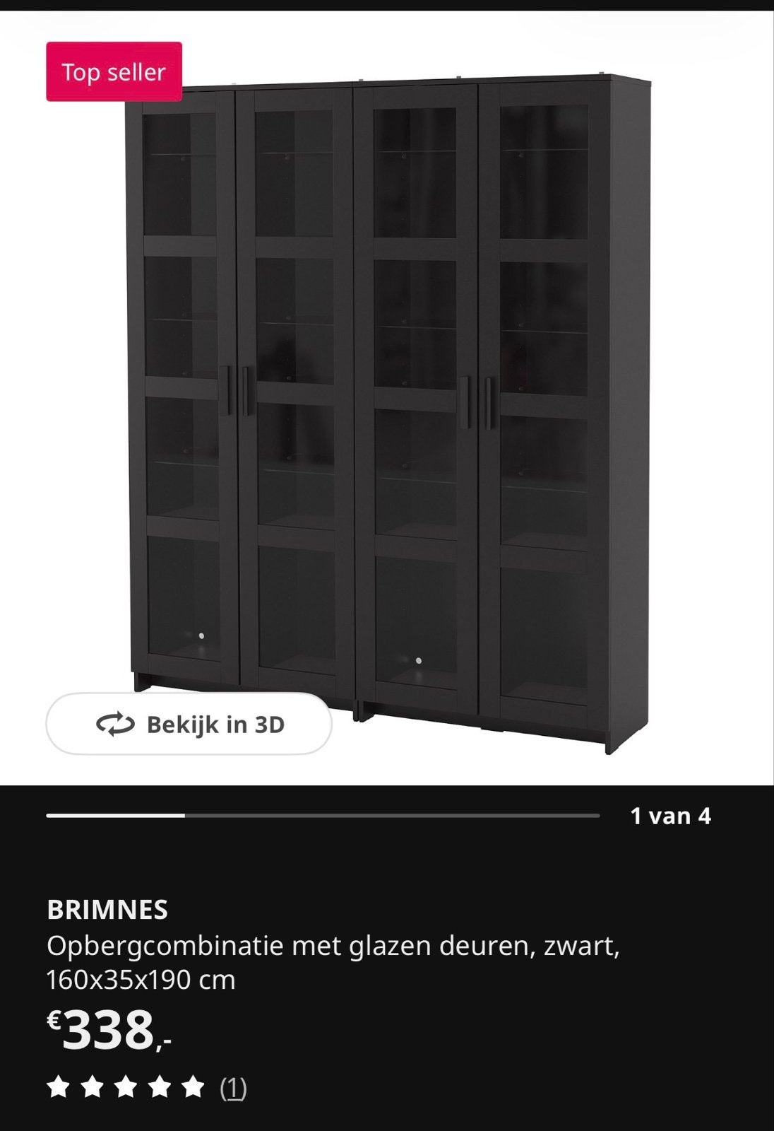 IKEA BRIMNES Opbergcombinatie met glazen deuren, zwart. ZGAN, Ophalen, Zo goed als nieuw