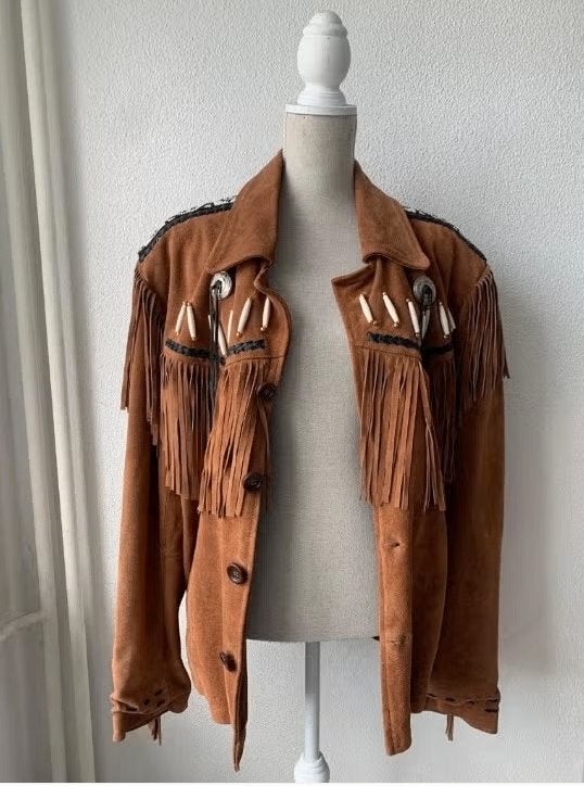 Native American Indian Powwow war jacket - buckskin suede, Echt leer, Bruin, Maat 46/48 (XL) of groter, Ophalen of Verzenden