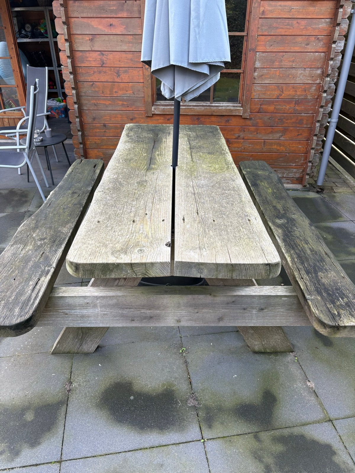 Houten picknicktafel met parasol, Ophalen, Gebruikt, Rechthoekig, Hout