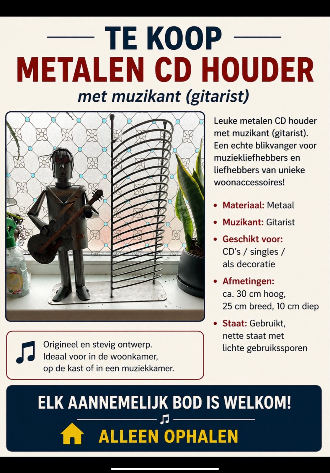 Metalen CD Houder met Gitarist - Uniek Woonaccessoire, Ophalen, Gebruikt, Minder dan 25 discs, Metaal