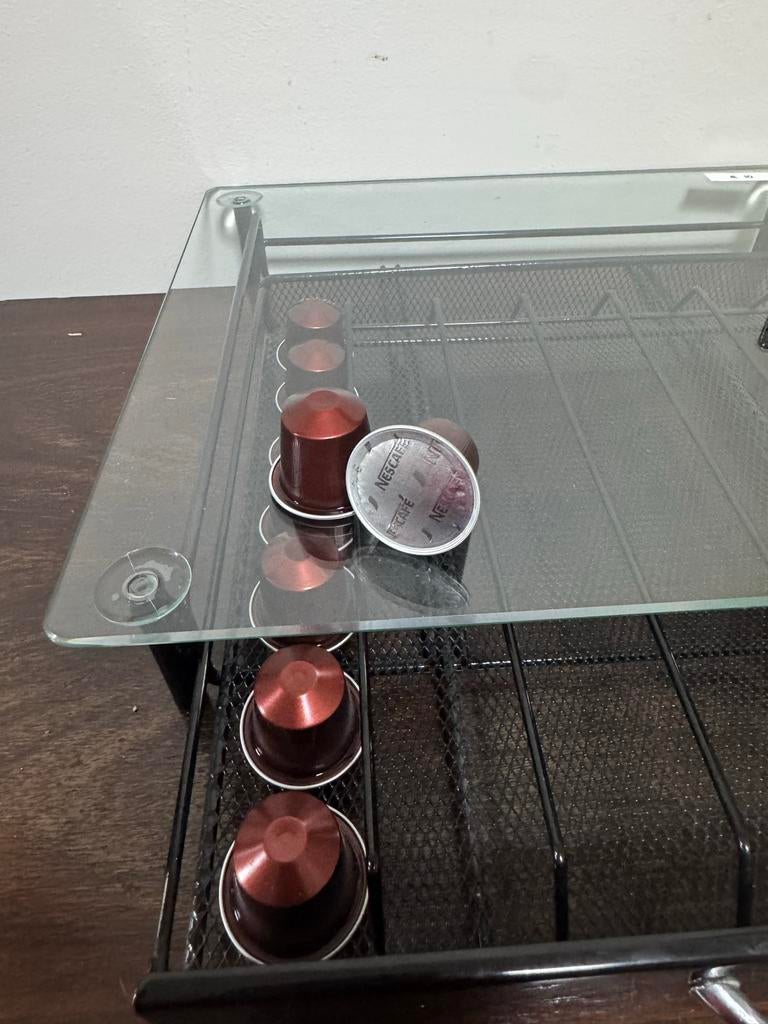 Nespresso capsulehouder met glazen bovenplaat, Nespresso, Ophalen of Verzenden, Zo goed als nieuw, Capsulehouder
