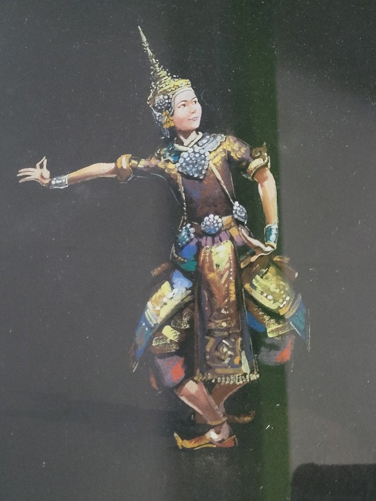 Vintage Traditional Thai Dancer Framed Gouache Painting, Antiek en Kunst, Ophalen of Verzenden