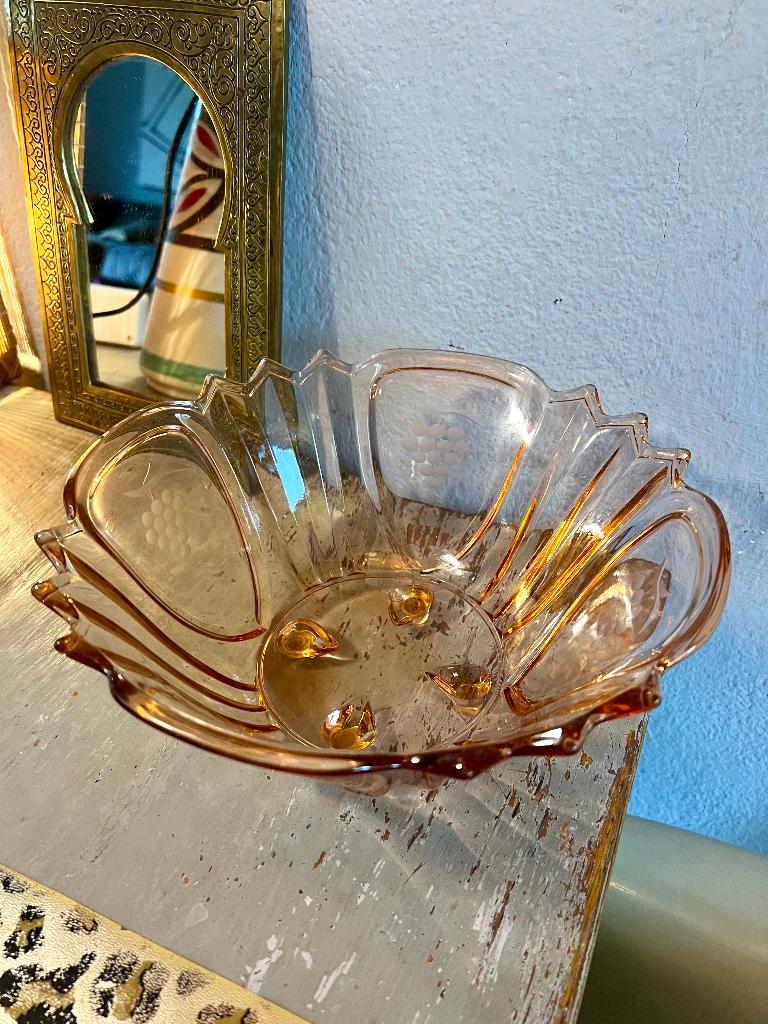 Vintage Franse roze glazen schaal kom fruitschaal brocante, Antiek en Kunst, Antiek | Glas en Kristal, Ophalen of Verzenden