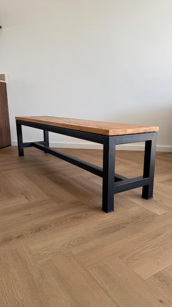 Eettafelbank teak hout & staal – 180 cm, Ophalen, Teakhout, 50 tot 100 cm, Zo goed als nieuw
