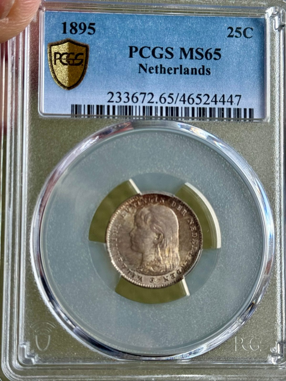 Zilveren 25 Cent 1895 Koningin Wilhelmina PCGS MS65, Ophalen, Zilver, 25 cent, Koningin Wilhelmina