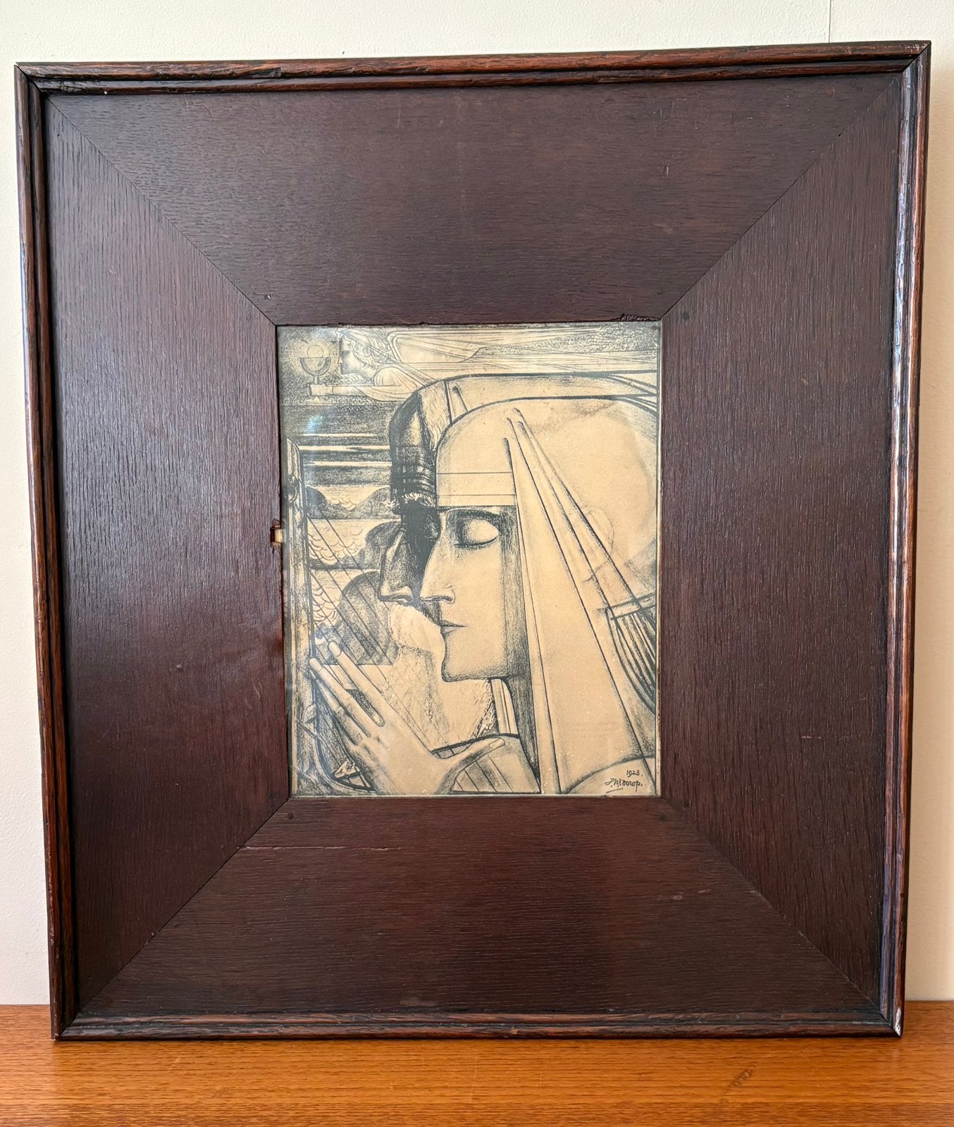 Lithografie van prent door Jan Toorop in brede houten lijst, Ophalen of Verzenden, Overige typen, Lithografie, Ingelijst