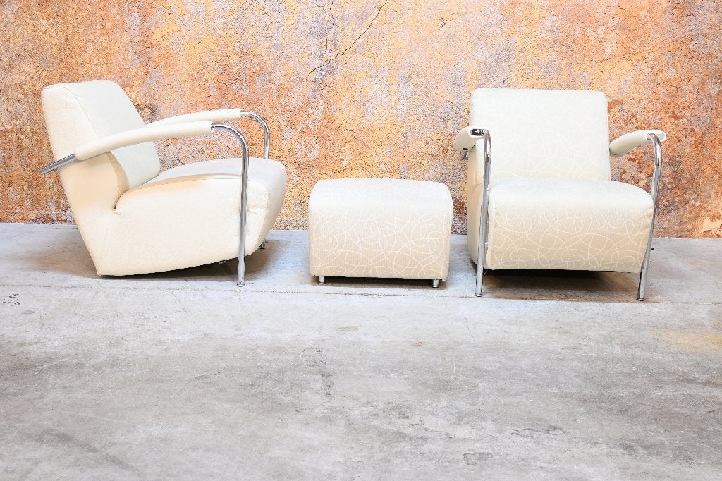 ZGANieuw 2 cremekleurige Leolux Scylla fauteuils + poef, Huis en Inrichting, Leolux, Leolux, Leer, 75 tot 100 cm