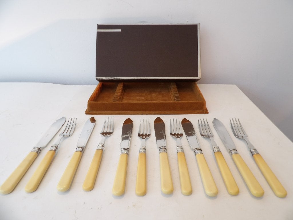 Gaaf Engels Art Deco Vis/Dessert Bestek, 6-persoons, Doos