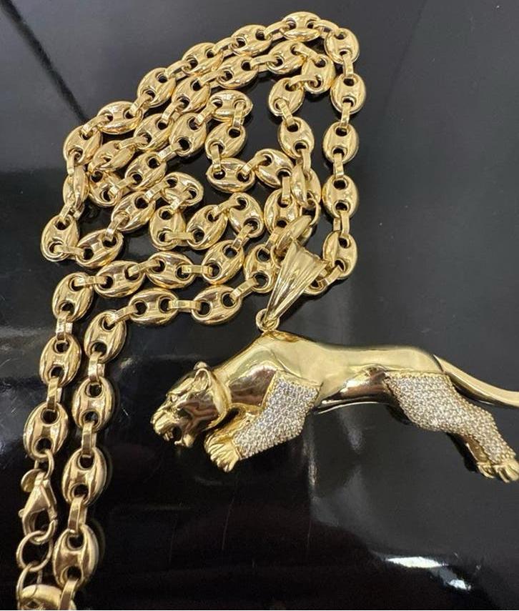 Prachtige 14k gouden koffiebonen ketting met panter hanger, Ophalen of Verzenden, Nieuw, Goud