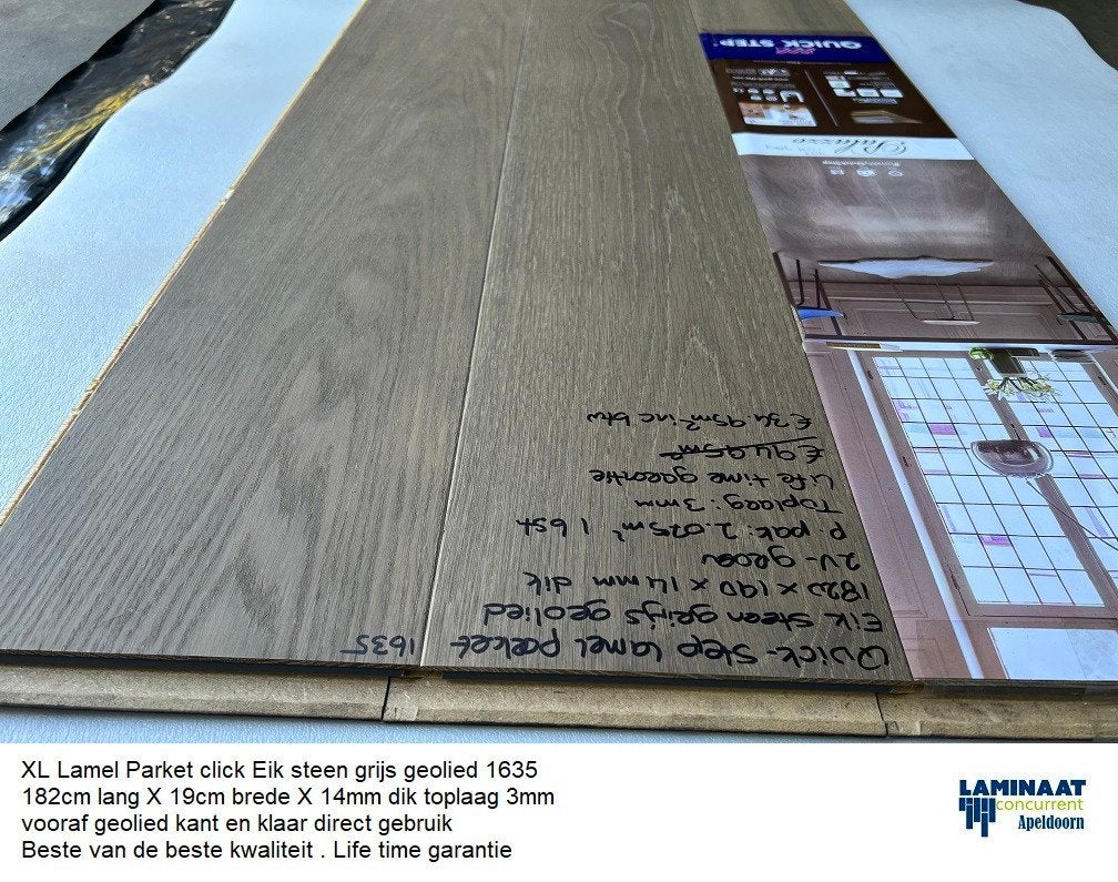 103,5m2 Lamel Parket Quick-step Eik grijs 14mm 50pak = €3095, Parket, Lamel parket vloer 14mm dik met click systeem, 75 m² of meer