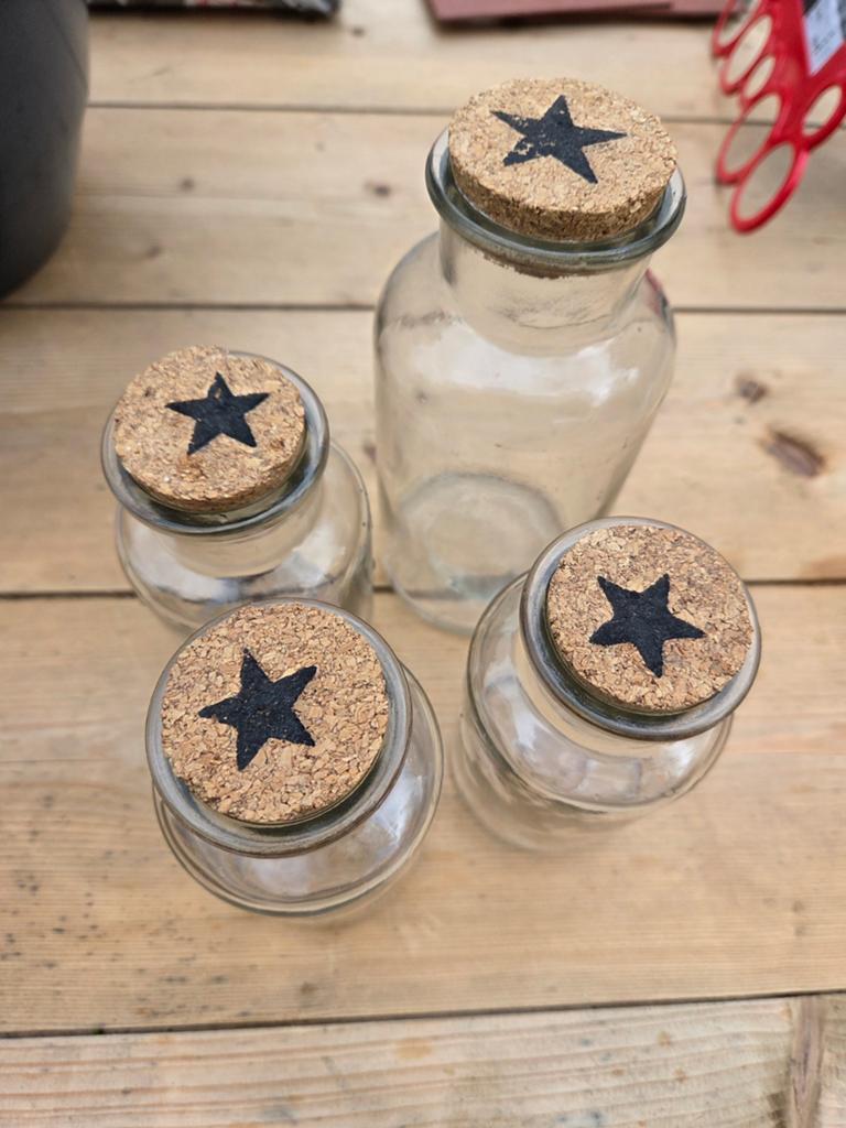 Set van 4 glazen potjes met kurken deksel en ster, Ophalen of Verzenden