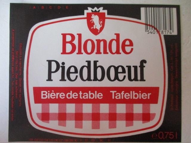 bieretiket Belgie 12-4 (12i) piedboeuf, Verzamelen, Biermerken, Ophalen of Verzenden, Gebruikt, Overige typen, Overige merken