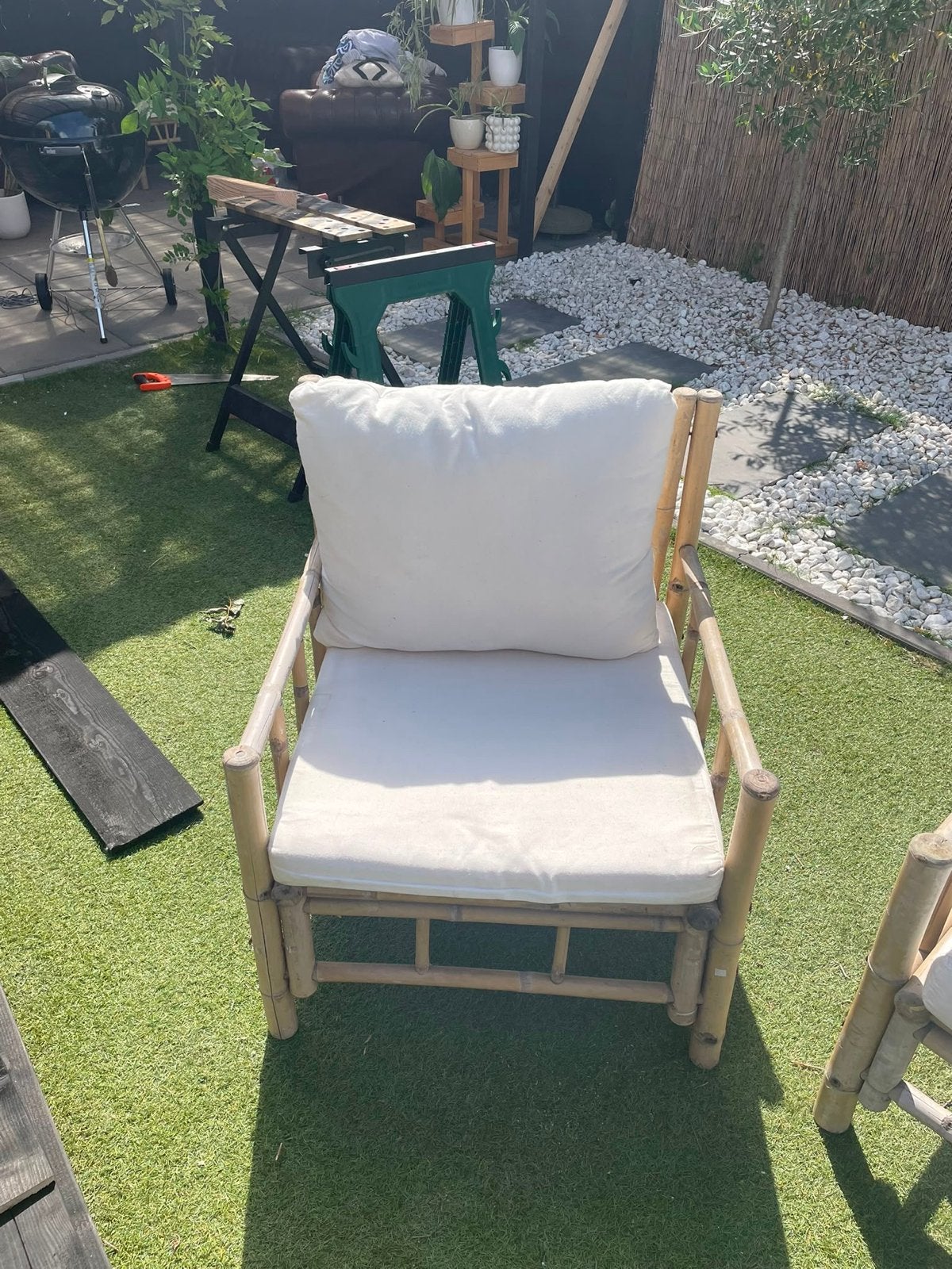 Bamboe loungeset met kussens, demonteerbaar, Ophalen, 4 zitplaatsen, Gebruikt, Loungeset
