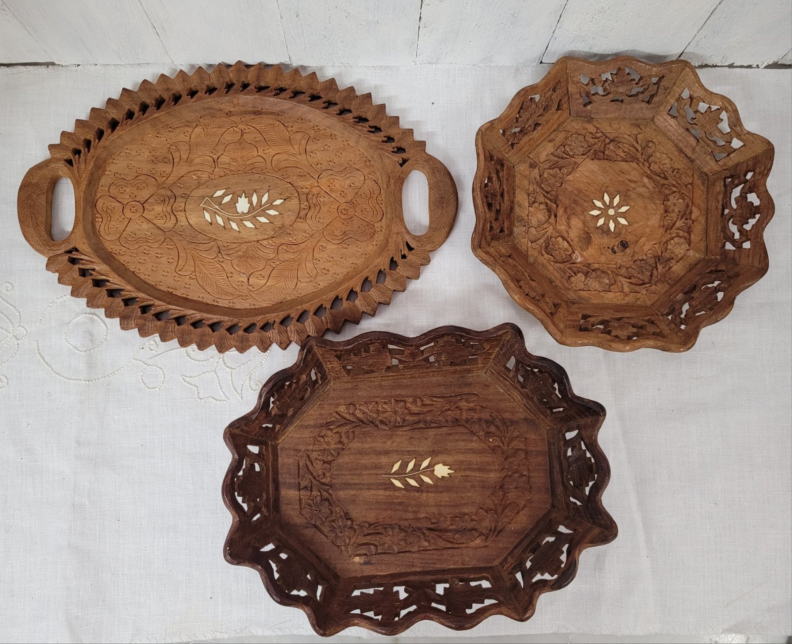 Vintage Houten Schalen - Houtsnijwerk en Inlegwerk - India, Verzenden, Hout