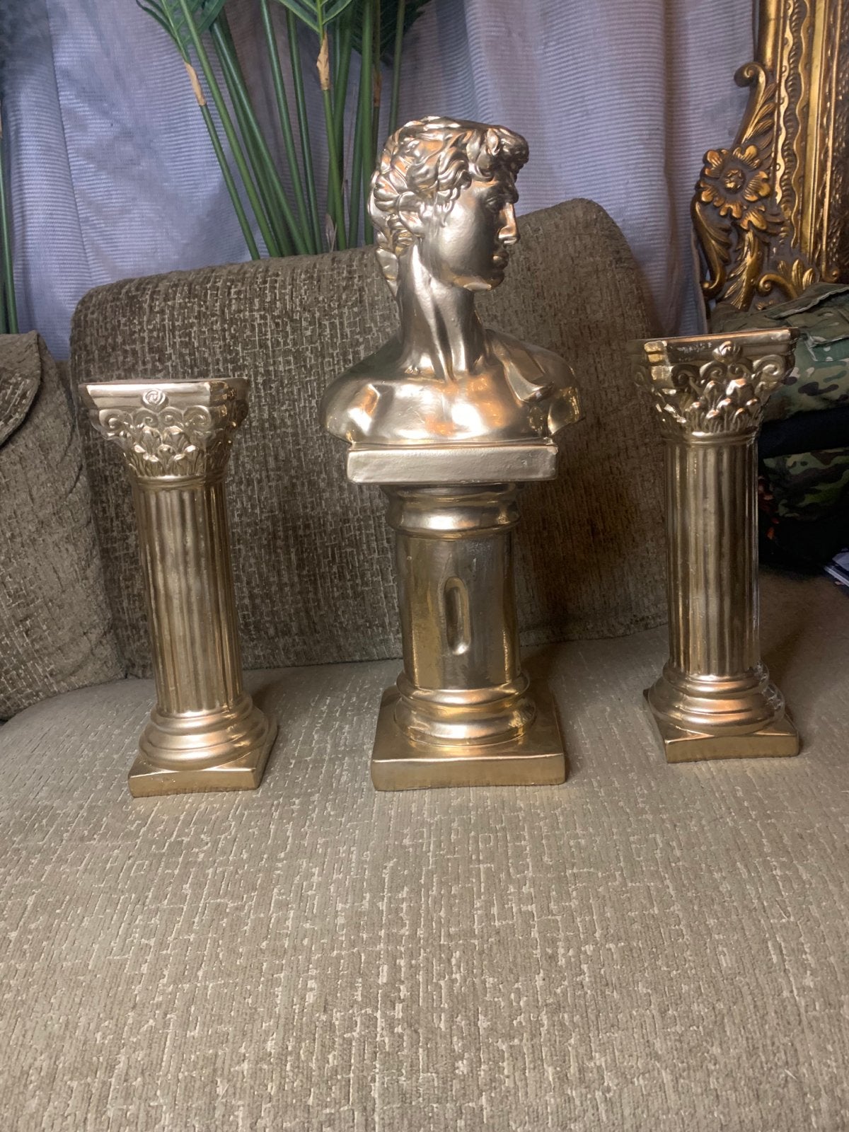 Gouden Buste van David met twee zuilen barok pilaar beeld, Buste, Ophalen of Verzenden, 20 - 50 cm, Op sokkel