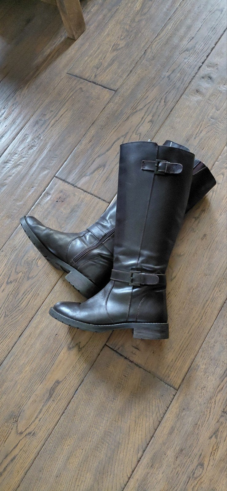 Donkerbruine laarzen met gespen, Kleding | Dames, Ophalen of Verzenden, Gedragen, Bruin, Hoge laarzen
