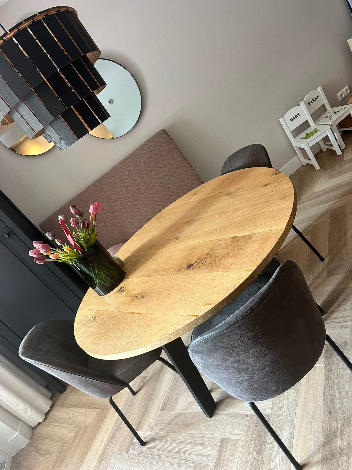 Zelfgemaakte eiken houten ronde tafel (diameter 130cm), Ophalen, Gebruikt, 50 tot 100 cm, 100 tot 150 cm