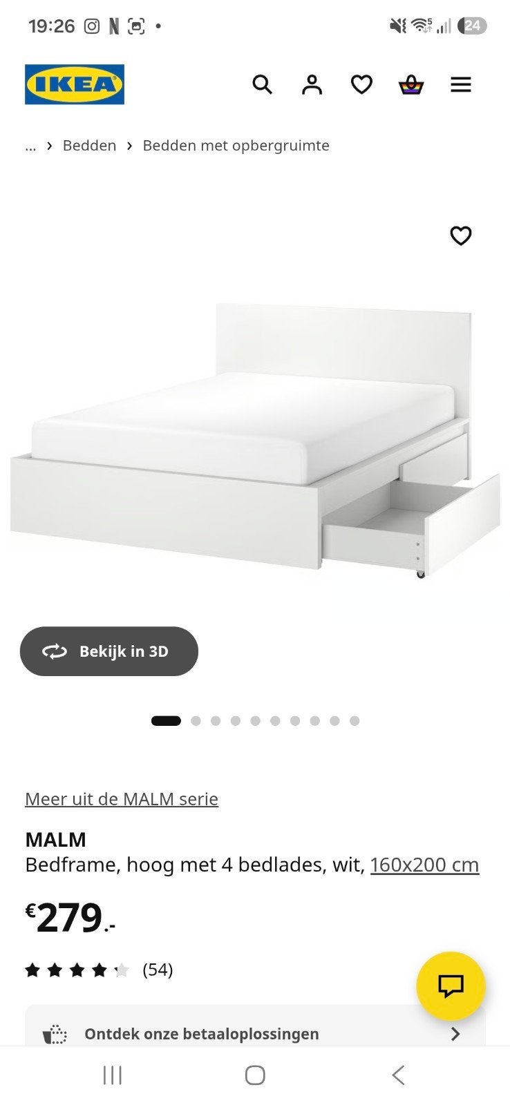 IKEA MALM Bedframe wit 160x200 cm met 4 lades, Ophalen, Gebruikt, Wit, Tweepersoons