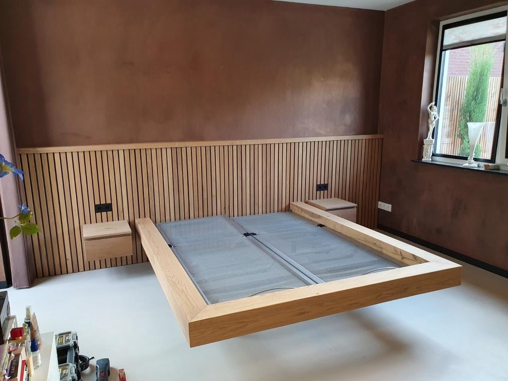 Black & Oak - eiken bed - latten wand, Huis en Inrichting, Verzenden, Zwart, 180 cm, 200 cm