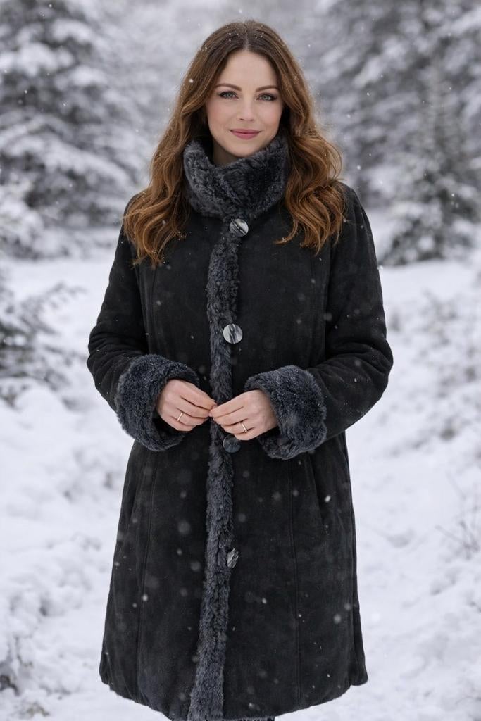 Echte lammycoat shearling winterjas wollen leren warm.42.44, Skin mode paris, Zwart, Maat 42/44 (L), Ophalen of Verzenden