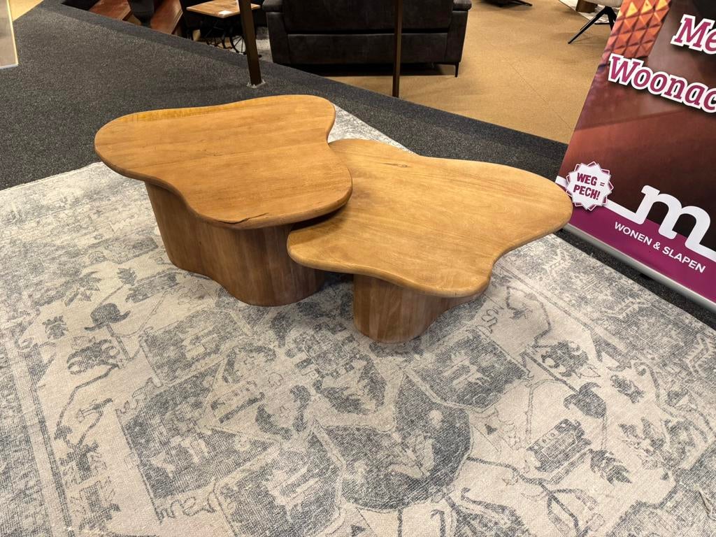 Salontafel 2-Delig Organisch mangohout Direct leverbaar, Huis en Inrichting, Tafels | Salontafels, Ophalen, 50 tot 100 cm, #Organisch#Salontafels#2-Delig#Mangohout#Japandi