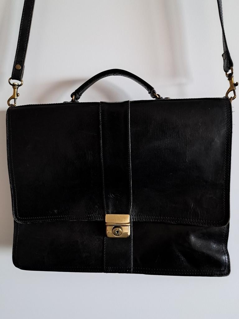 Vintage zwart leren unisex aktetas laptoptas schoudertas, Overige merken, Zwart, Ophalen of Verzenden, Zo goed als nieuw