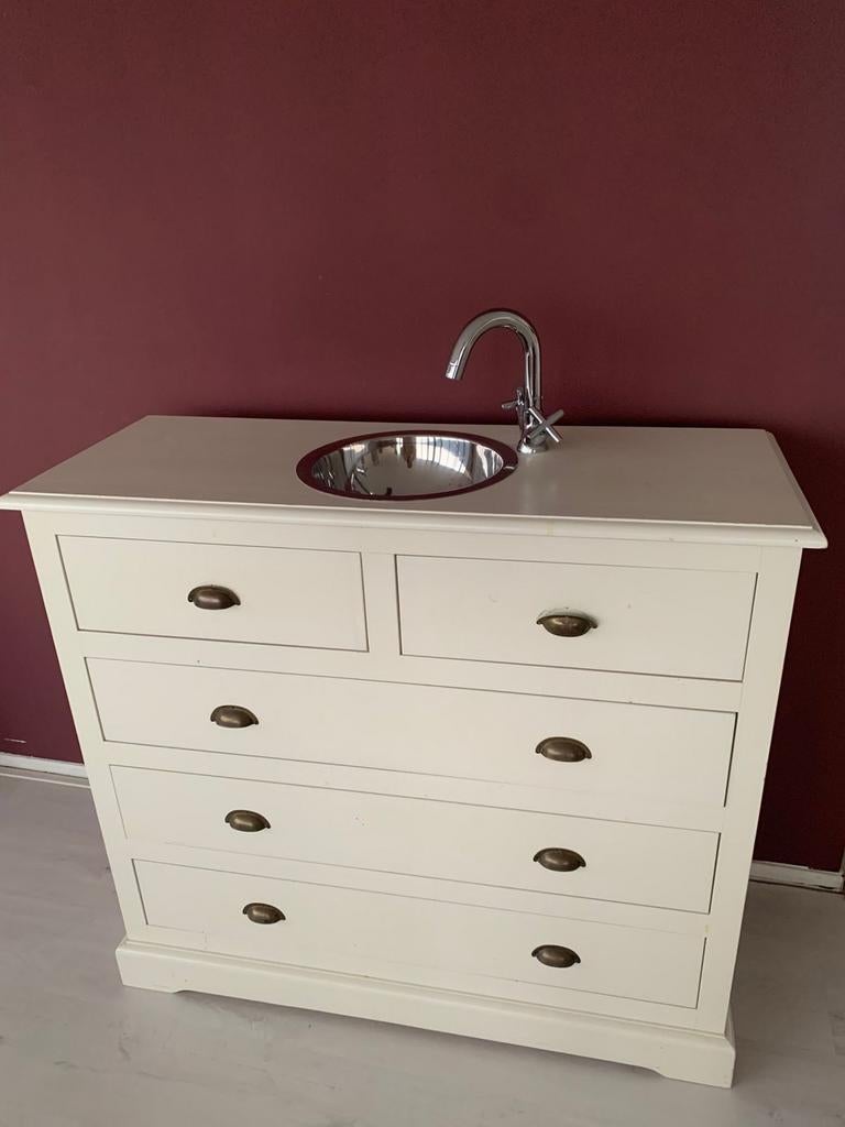 Landelijk wastafelmeubel / commode met waskom, Gebruikt, 100 tot 150 cm, 100 tot 150 cm, 3 of 4 laden