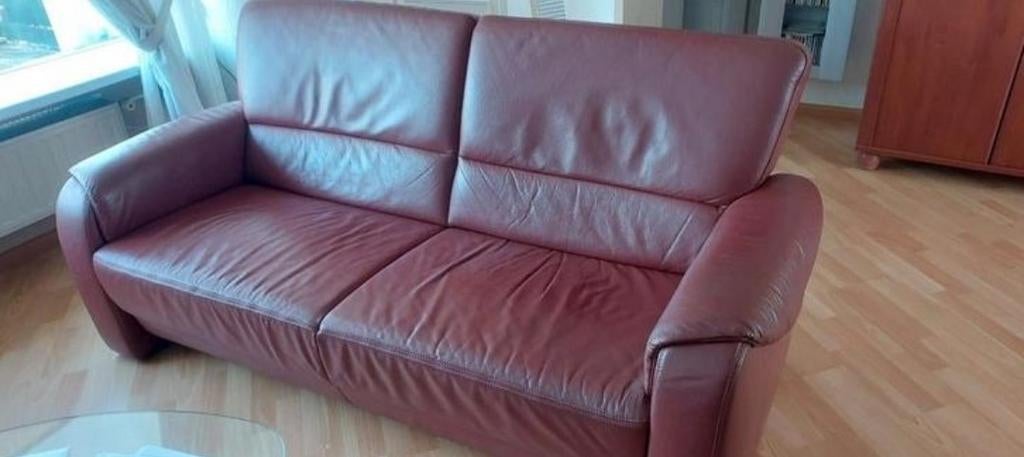 Te koop: Mooie echt lederen 3 zits bank Bordeauxrood., Ophalen, Gebruikt, 75 tot 100 cm