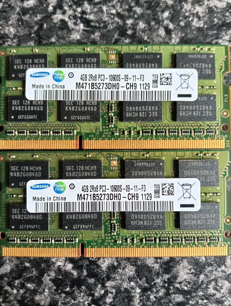 2x Samsung 4GB 2Rx8 PC3-10600S-9-11-F3, Ophalen of Verzenden, DDR3, Laptop
