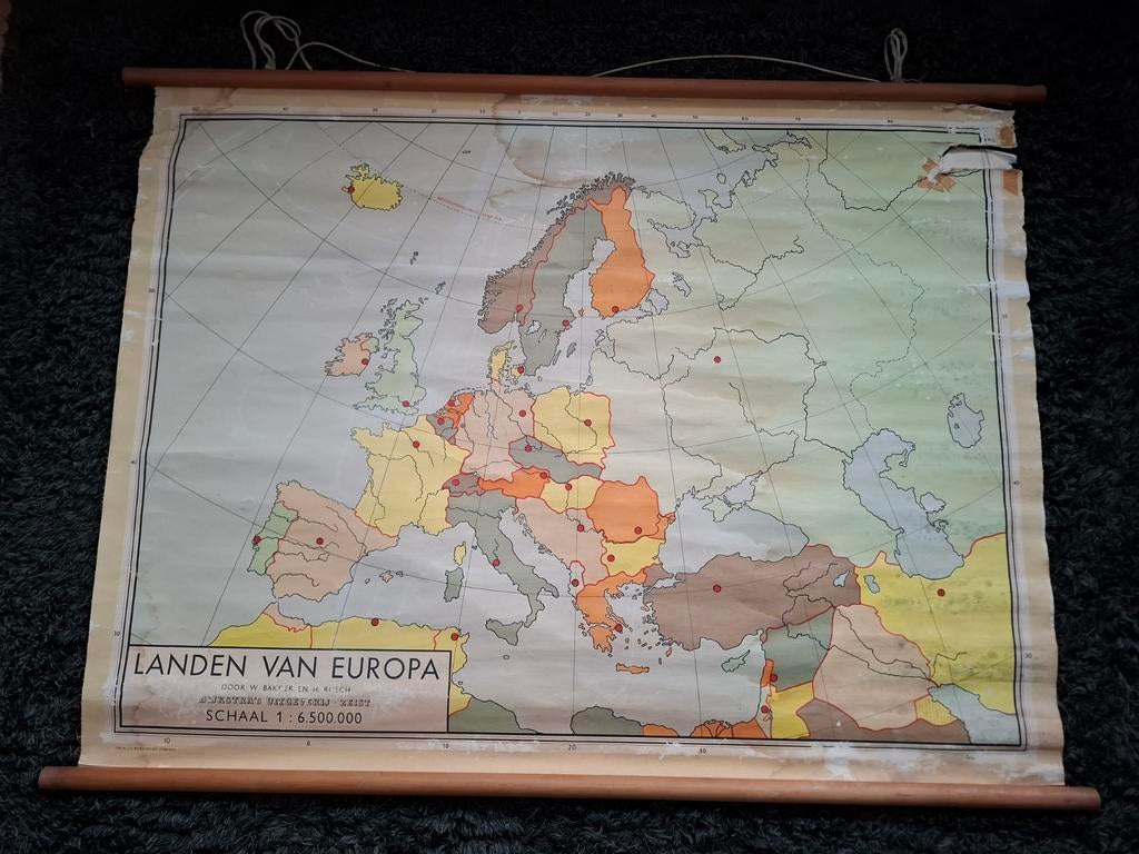 Oude schoolkaart Landen van Europa Bekker en Rusch, Antiek en Kunst, Ophalen, Aardrijkskunde
