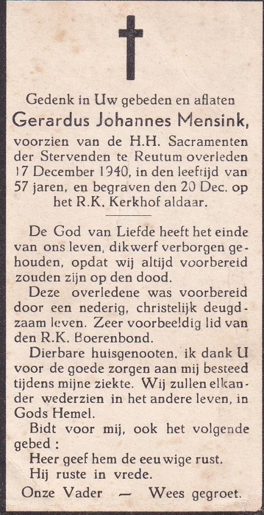 Mensink Gerardus overl 1940 Reutum 57 jaar, Ophalen of Verzenden, Bidprentje
