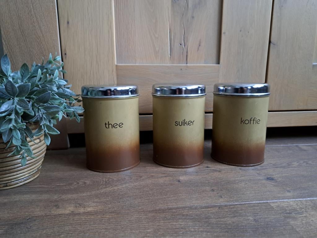 Vintage Voorraadblikken: Koffie, Thee, Suiker bruin/caramel, Ophalen of Verzenden, Gebruikt, Overige