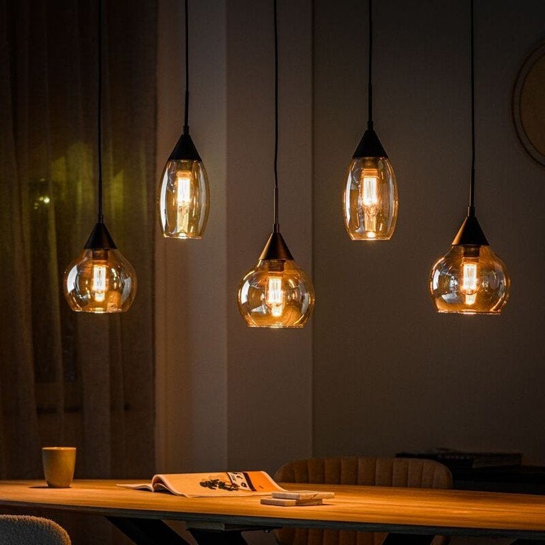 Hanglamp Amber glas 5 lichten nieuw, Ophalen, Nieuw, Glas