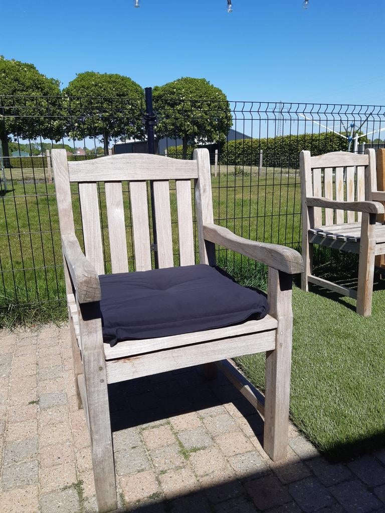 4 teak tuinstoelen inclusief kussens, Tuin en Terras, Ophalen, Gebruikt, Teakhout, Stapelbaar