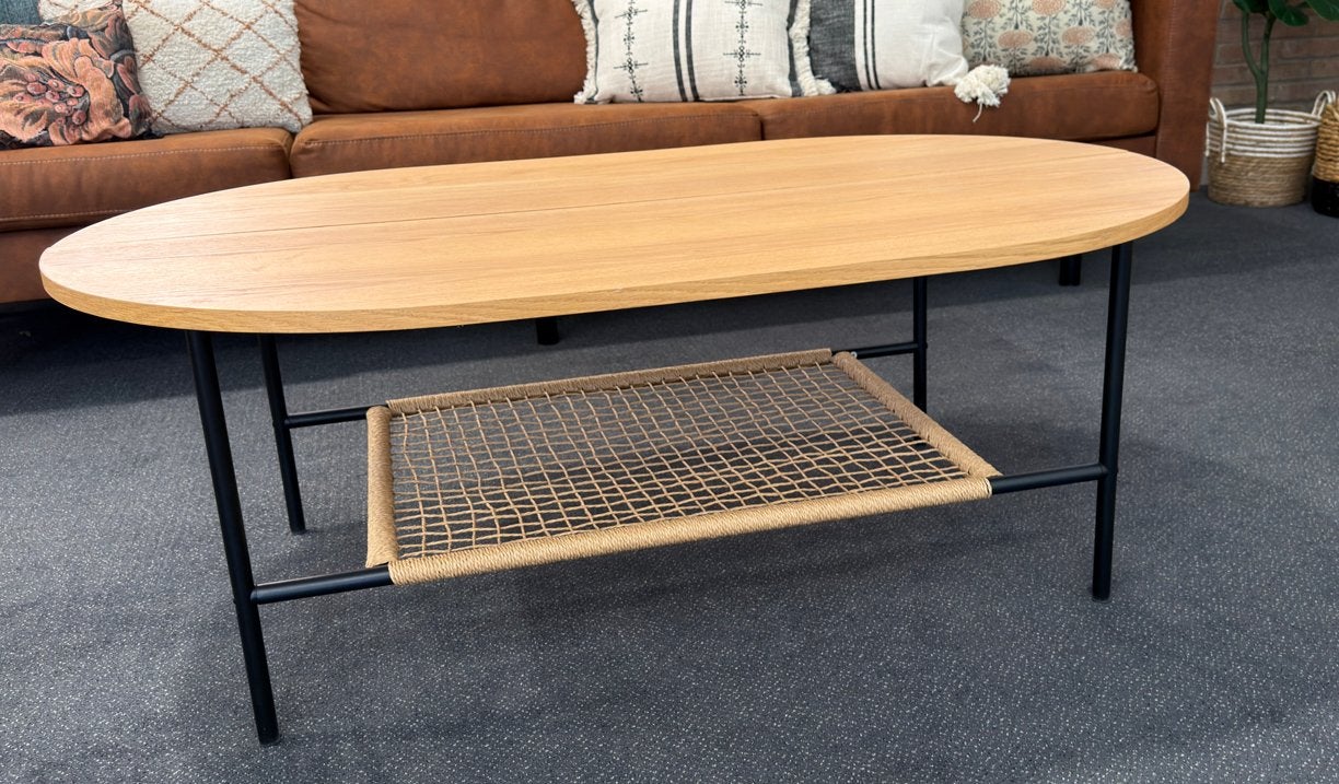 Ovale salontafel met opbergruimte, Ophalen, 100 tot 150 cm, Eikenhout, 50 tot 100 cm