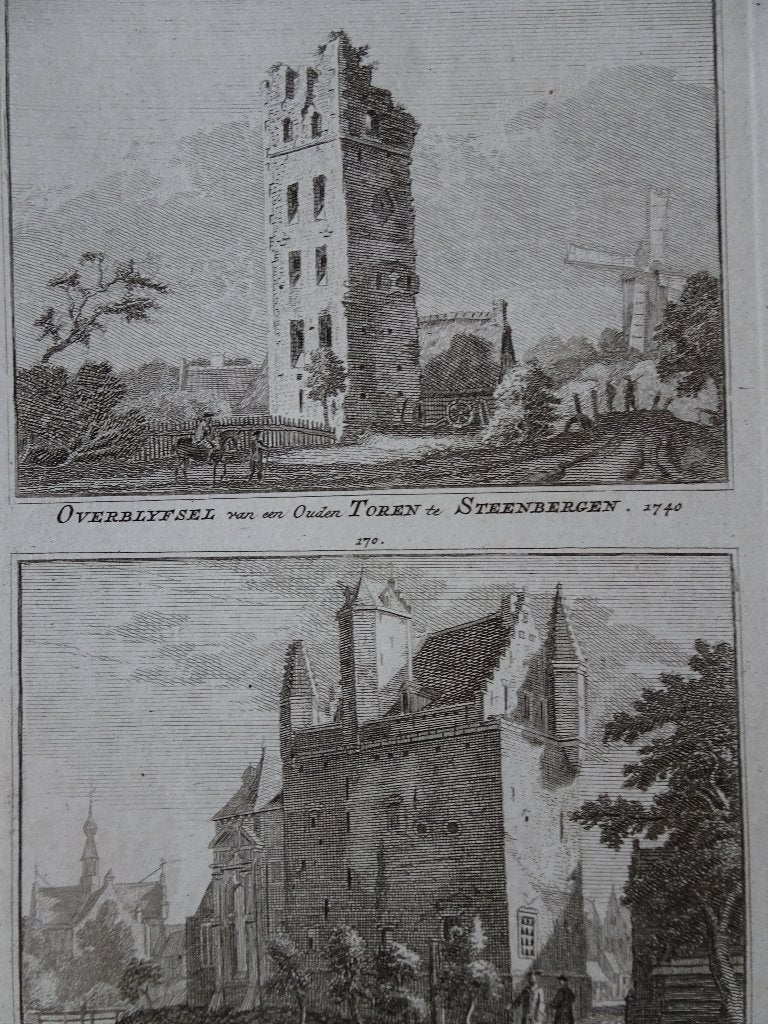 gravure oude toren, stadhuis kerk Steenbergen Spilman 1750, Antiek en Kunst, Stadsgezicht, Ophalen of Verzenden, Gravure, Dubbele gravure