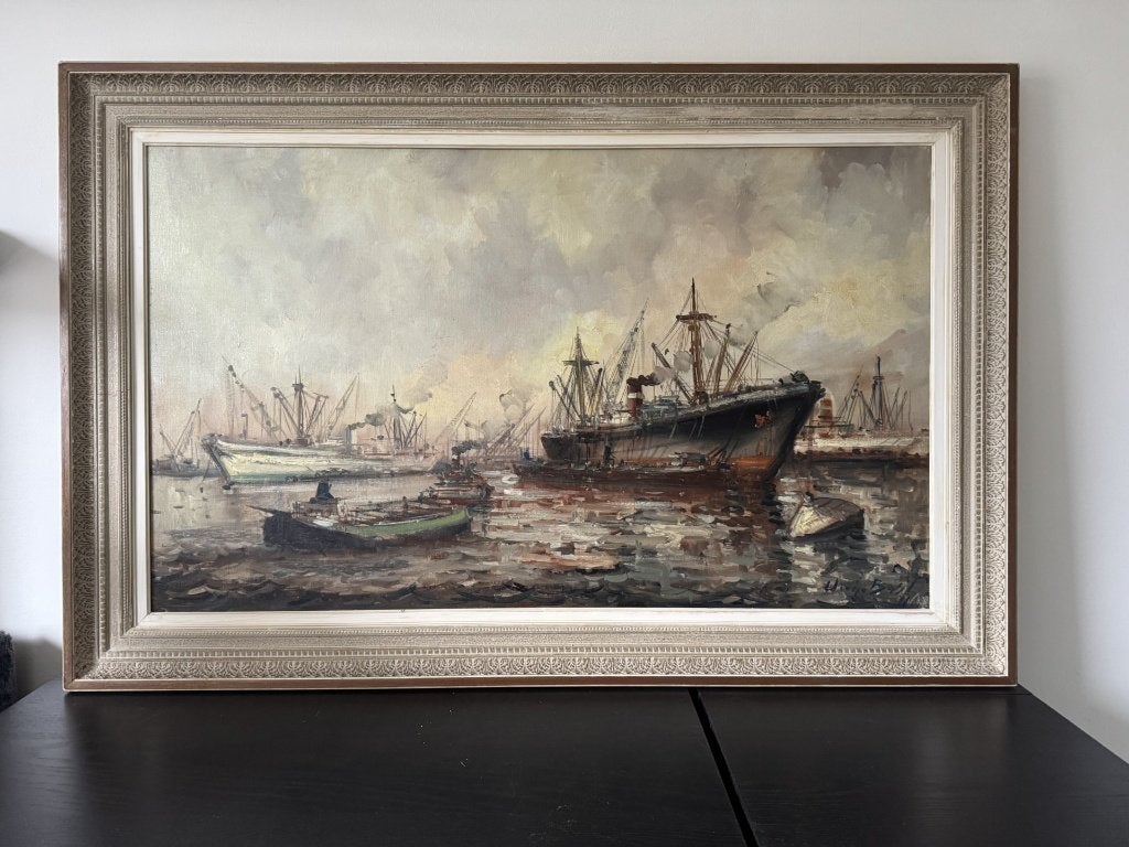 Wim Bos (1906–1974) – Groot Rotterdams havengezicht, Ophalen, Bijzondere lijst, Impressionistisch, Olieverf